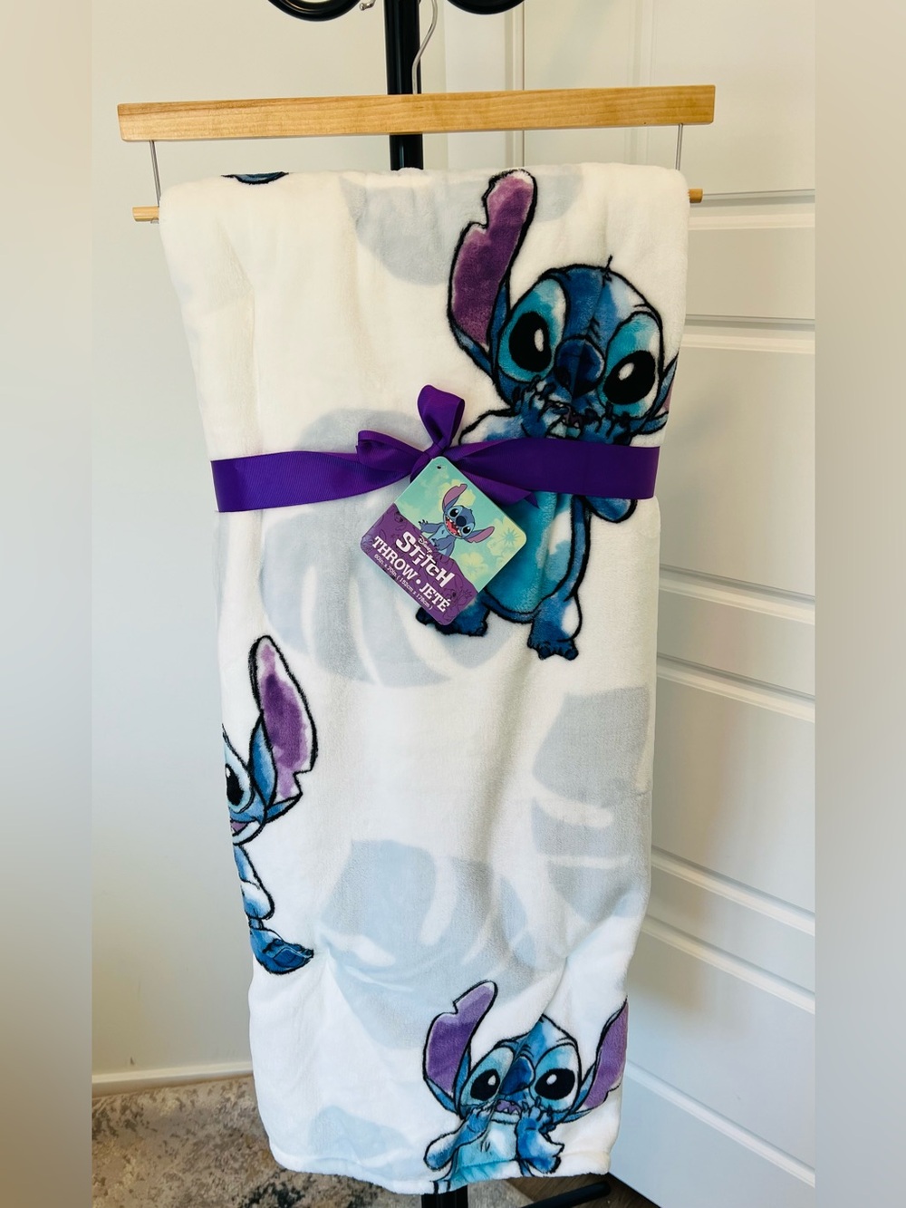 Disney Stitch Plush Throw Blanket in White, Blue & Purple
